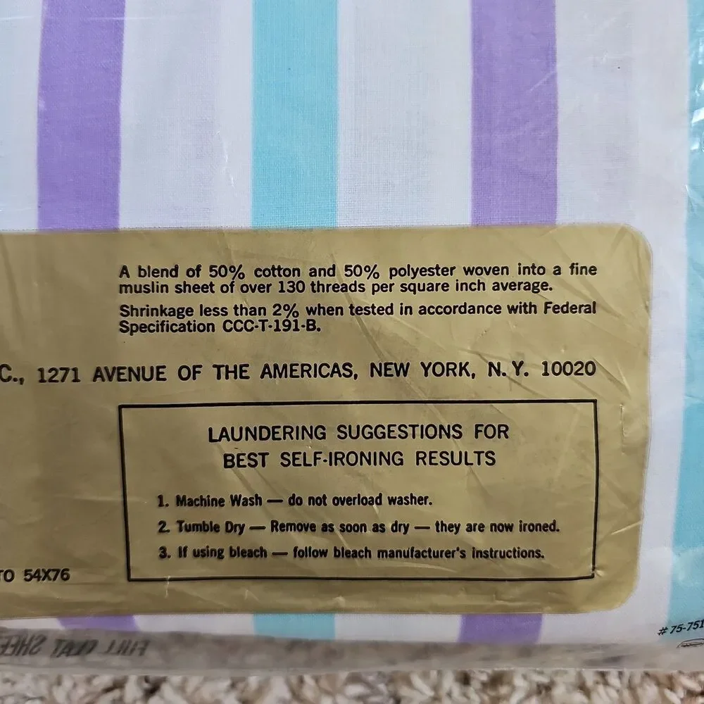 Cannon Monticello Aqua Blue Muslin Full Flat Sheet NEW Vtg MCM Purple Stripe